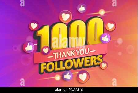 Thank you 1000 followers banner.Thanks followers congratulation card,gradient background.Vector illustration for Social Networks.Web user or blogger celebrates and tweets a large number of subscribers Stock Vector