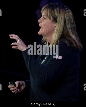 New Horizons co-investigator Cathy Olkin of the Southwest Research Institute during the press conference prior to the expected flyby of Ultima Thule by the spacecraft at Johns Hopkins University Applied Physics Laboratory December 31, 2018 in Laurel, Maryland. The flyby by the space probe occurred 6.5bn km (4bn miles) away, making it the most distant ever exploration of an object in our Solar System. Stock Photo