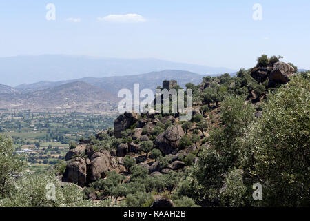 Panoramic view of the two-storey Hellenistic watch tower, ancient city of Alinda, Caria, Anatolia, Turkey. Stock Photo