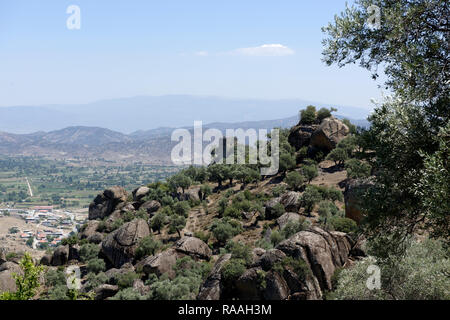 Panoramic view of the two-storey Hellenistic watch tower, ancient city of Alinda, Caria, Anatolia, Turkey. Stock Photo