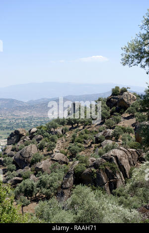 Panoramic view of the two-storey Hellenistic watch tower, ancient city of Alinda, Caria, Anatolia, Turkey. Stock Photo