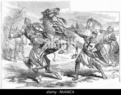 Engraving of a knight and a saracen fighting during the crusades. From ...