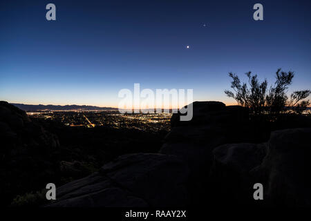 Sunrise hilltop view of sprawling west San Fernando Valley neighborhoods in Los Angeles, California. Stock Photo