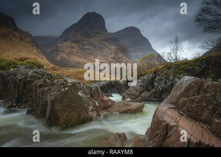 River Coe & Three Sisters of Glen Coe, Scotland Stock Photo