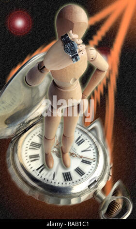 A wooden man flying through space on a pocket watch Stock Photo