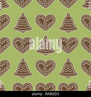 Seamless pattern with gingerbread bells and hearts. Holiday background. Design for banner, poster, textile, print. Stock Vector