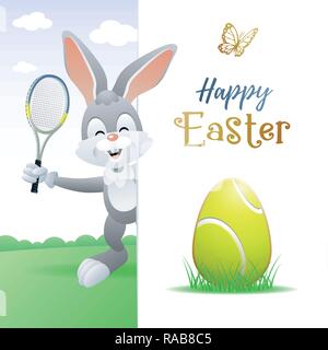 Happy Easter. Sports greeting card. Cute Rabbit with Tennis Egg and Tennis racquet. Vector illustration. Stock Vector