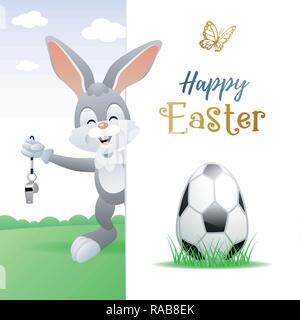 Happy Easter. Sports greeting card. Cute Rabbit with Soccer Egg and whistle. Vector illustration. Stock Vector
