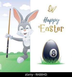Happy Easter. Sports greeting card. Cute Rabbit with Billiard Egg and cue. Vector illustration. Stock Vector