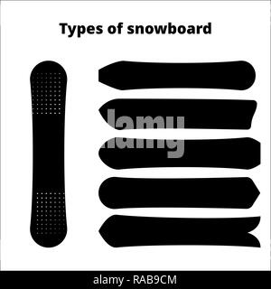Different types of snowboards isolated on a white background Design template in black silhouette Stock Vector