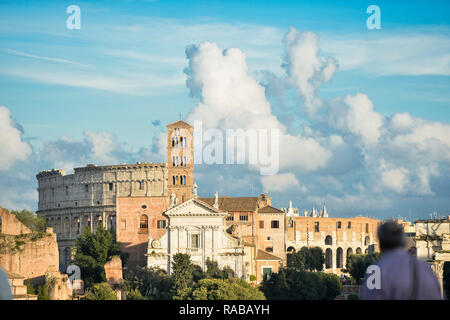 Ancient ruins of the Roman Forum. Ruins of Septimius Severus Arch and Saturn Temple, Rome, Italy. Stock Photo