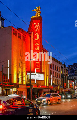 Vogue Theatre neon sign at night, , Granville Street, downtown, Vancouver, British Columbia, Canada. Stock Photo