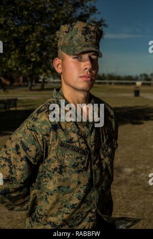 Pfc. Luis R. Barrera Orturo, Platoon 2005, Fox Company, 2nd Recruit Training Battalion, earned U.S. citizenship Jan. 12, 2017, on Parris Island, S.C. Before earning citizenship, applicants must demonstrate knowledge of the English language and American government, show good moral character and take the Oath of Allegiance to the U.S. Constitution. Barrera Orturo, from Vineland, N.J., originally from Mexico, is scheduled to graduate Jan. 13, 2017. Stock Photo