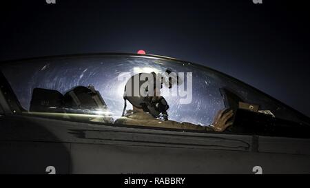 Capt. David, 79th Expeditionary Fighter Squadron pilot, taxis an F-16 Fighting Falcon before a night mission Jan. 13, 2017 at Bagram Airfield, Afghanistan. To become a pilot, David went to school while working as a maintainer, through a deployment to Balad Airfield, Iraq and temporary duties where he was often gone for three weeks out of every month. Stock Photo