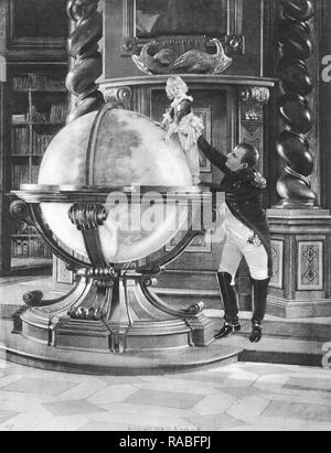 Emperor Napoleon Bonaparte holds his infant son up to the globe with the audacious promise that 'It's all for thee'. The boy died in exile and obscurity. Stock Photo