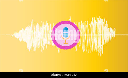 Illustration of sound waves and microphone icon on light blue background. Stock Photo