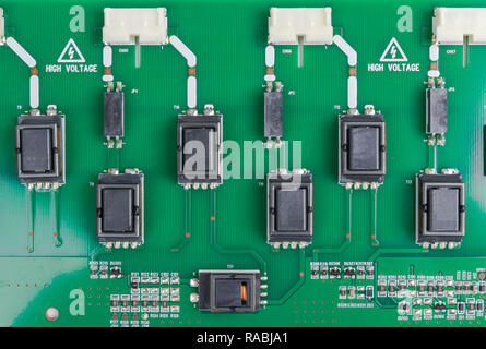 Circuitboard with resistors, microchips and electronic components. Electronic computer hardware technology. Integrated communication processor. Inform Stock Photo