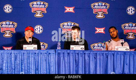 New Orleans LA U.S. 01st Jan, 2019. A. Georgia head coach Kirby Smart, Jake Fromm and Jonathan Ledbetter (13) during the Bulldogs press conferance after the NCAA Allstate Sugar Bowl football game between Texas Longhorns and the Georgia Bulldogs 21-28 lost at Mercedes-Benz Superdome New Orleans, LA. Thurman James/CSM/Alamy Live News Stock Photo