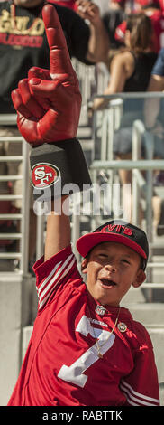 Santa Clara, California, USA. 5th Oct, 2014. Young 49er fan happy about touchdown on Sunday, October 5, 2014 in Santa Clara, California. The 49ers defeated the Chiefs. 22-17. Credit: Al Golub/ZUMA Wire/Alamy Live News Stock Photo