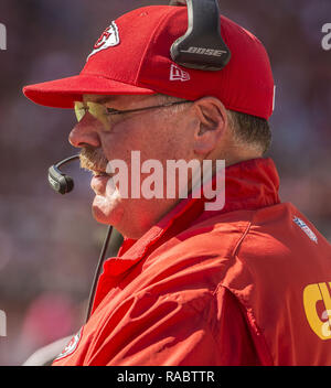 Kansas City Chiefs head coach Andy Reid looks at a replay during an NFL  football game against the Buffalo Bills Sunday, Oct. 16, 2022, in Kansas  City, Mo. (AP Photo/Ed Zurga Stock