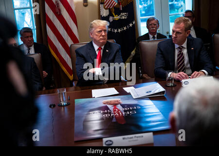 Washington, United States. 03rd Jan, 2019. U.S. President Donald Trump listens beside Patrick Shanahan, acting U.S. secretary of defense, right, during a cabinet meeting in the Cabinet Room of the White House, on Wednesday, Jan. 2, 2019 in Washington, DC Credit: Al Drago/CNP/AdMedia/Newscom/Alamy Live News