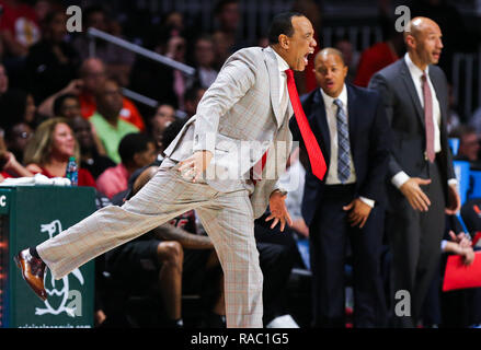 January 03, 2019: North Carolina State Wolfpack head coach Kevin Keatts shouts instruction at his team players during the final minutes of an NCAA men's basketball game against the University of Miami Hurricanes at the Watsco Center in Coral Gables, Florida. The NC State Wolfpack won 87-82. Mario Houben/CSM Stock Photo