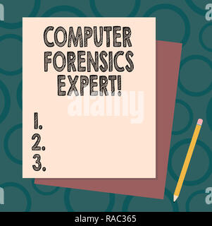 Handwriting text writing Computer Forensics Expert. Concept meaning harvesting and analysing evidence from computers Stack of Blank Different Pastel C Stock Photo