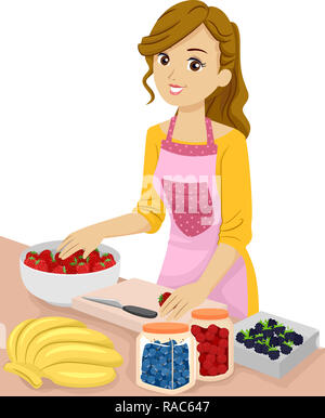 Illustration of a Teenage Girl Preparing and Preserving Fruits like Strawberry, Banana and Blueberries Stock Photo