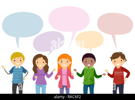 Illustration of Stickman Teenage Guy and Girl Talking with Blank Speech Bubbles Stock Photo