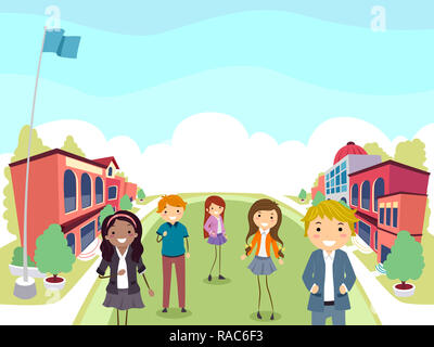 Illustration of Stickman Teenage Girl and Guy Standing Inside School Campus Stock Photo