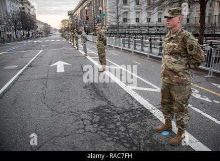 U.S Soldiers assigned to 3rd Infantry Regiment, “The Old Guard,” participate in the Department of Defense 58th Presidential Inauguration Dress Rehearsal in Washington, D.C., Jan. 15, 2017. More than 5,000 military members from across all branches of the armed forces of the United States, including Reserve and National Guard components, provided ceremonial support and Defense Support of Civil Authorities during the inaugural period. Stock Photo