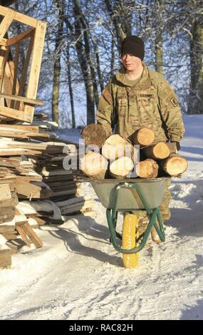 CAMP ADAZI, Latvia – Pvt. Blake Carter, Paratrooper, Chosen Company, 2nd Battalion, 503rd Infantry Regiment, 173rd Airborne Brigade, pushes a wheelbarrow of firewood during an outreach at Bērzupes Special Needs Boarding School in Dobele, Latvia, Jan. 17, 2017. The Paratroopers helped prepare a stockpile of firewood for the school in conjunction with the U.S. Embassy and Latvian soldiers. The ‘Sky Soldiers’ of 2nd Bn., 503rd Inf. Regt. are on a training rotation in support of Operation Atlantic Resolve, a U.S. led effort in Eastern Europe that demonstrates U.S. commitment to the collective secu Stock Photo