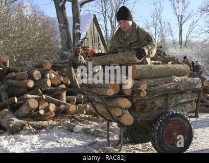 CAMP ADAZI, Latvia – Spc. Peter Cundiff, Paratrooper, Chosen Company, 2nd Battalion, 503rd Infantry Regiment, 173rd Airborne Brigade, loads firewood onto a wheelbarrow at Bērzupes Special Needs Boarding School in Dobele, Latvia, Jan. 17, 2017. The outreach, conducted in conjunction with the U.S. Embassy and Latvian soldiers, provided a supply of firewood to heat the school over the next two years. The ‘Sky Soldiers’ of 2nd Bn., 503rd Inf. Regt. are on a training rotation in support of Operation Atlantic Resolve, a U.S. led effort in Eastern Europe that demonstrates U.S. commitment to the colle Stock Photo