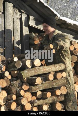CAMP ADAZI, Latvia – Sgt. Michael Chadwick, Paratrooper, Chosen Company, 2nd Battalion, 503rd Infantry Regiment, 173rd Airborne Brigade, stacks firewood at Bērzupes Special Needs Boarding School in Dobele, Latvia, Jan. 17, 2017. The outreach, conducted in conjunction with the U.S. Embassy and Latvian soldiers, provided a supply of firewood to heat the school over the next two years. The ‘Sky Soldiers’ of 2nd Bn., 503rd Inf. Regt. are on a training rotation in support of Operation Atlantic Resolve, a U.S. led effort in Eastern Europe that demonstrates U.S. commitment to the collective security  Stock Photo