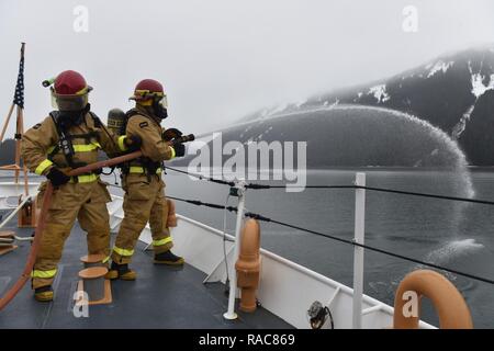 Crewmembers aboard the Coast Guard Cutter Anacapa conduct fire training while on a routine southeast Alaska patrol Jan. 15, 2017.     The Coast Guard Cutter Anacapa is a 110-ft patrol boat homeported in Petersburg, Alaska.    Coast Guard Stock Photo