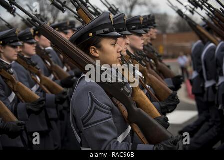 Cadets from West Point U.S. Military Academy march along a practice route on Joint Base Myer-Henderson Hall, Virginia, on Jan. 19 in preparation for the upcoming Presidential Inauguration Parade in Washington, D.C. During rehearsals, U.S. Army Reserve Soldiers practiced with members of the 3rd U.S. Infantry Regiment (The Old Guard), the U.S. Army Field Band, West Point and the D.C. National Guard, which totaled approximately 500 service members and cadets. Stock Photo