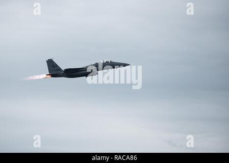 An F-15E Strike Eagle aircraft takes off during Razor Talon, Jan. 20, 2017, at Seymour Johnson Air Force Base, North Carolina. Razor Talon provides unique training opportunities and scenarios involving friendly forces fighting through contested airspace while destroying air-to-air and air-to-surface simulated threats along the North Carolina coast and Mid-Atlantic region. Stock Photo