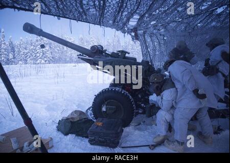 Paratroopers assigned to Alpha Battery, 2nd Battalion, 377th Parachute Field Artillery Regiment, 4th Infantry Brigade Combat Team (Airborne), 25th Infantry Division, U.S. Army Alaska, operate a M119A2 105mm howitzer during live fire training at Joint Base Elmendorf-Richardson, Alaska, Jan. 19, 2017. The paratroopers honed their skills by conducting live fire missions in sub-zero temperatures. The Soldiers of 4/24 IBCT belong to the only American airborne brigade in the Pacific and are trained to execute airborne maneuvers in extreme cold weather/high altitude environments in support of combat, Stock Photo