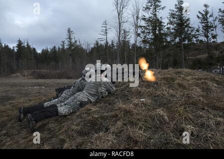 U.S. Soldiers assigned to Charlie Company, 1st Battalion, 157th Infantry Regiment, 86th Infantry Brigade Combat Team, Colorado National Guard, fire on an objective, at Camp Ethan Allen Training Site, Jericho, Vt., January 23, 2017. The Soldiers performed squad ambush exercises as part of their winter annual training. Stock Photo