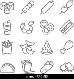 Fast food vector line icon set. Including Chinese noodle box, Taco, nuggets, chips, Rolls, Soft drink and more Stock Vector