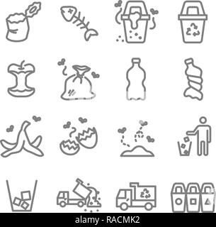 Garbage Vector Line Icon Set. Contains such Icons as Banana Peel, Fishbone, Eggshell, Trash and more. Expanded Stroke Stock Vector