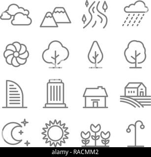 Nature landscape line vector icon set. Outline trees and mountains, River icons. City building, House, Home and green tree outline illustration Stock Vector