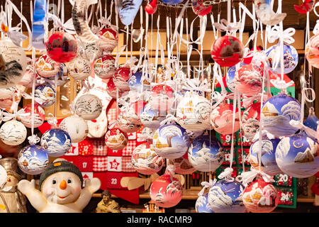 Beautiful colorful christmas decorations and balls in Wien Rathaus Market, Austria Stock Photo
