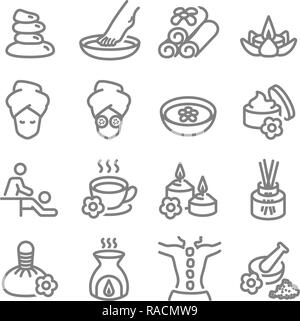 Spa Massage Related Vector Line Icons. Contains such Icons as Aroma Candle, Foot Massage, Diffuser and more. Expanded Stroke. Stock Vector