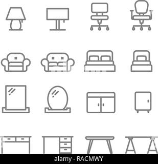 Furniture vector line icon set. Including sofa, bed, lamp, chair, mirror, table, desk Stock Vector