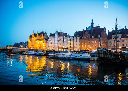 Hanseatic League houses on the Motlawa River at sunset, Gdansk, Poland, Europe Stock Photo