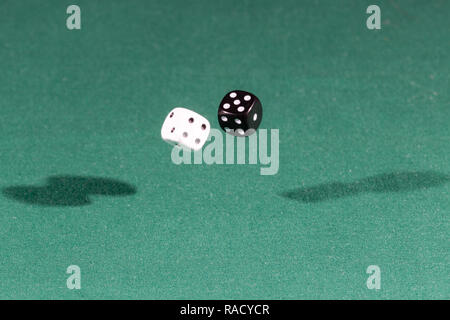 Two white and black dices falling on a green table Stock Photo