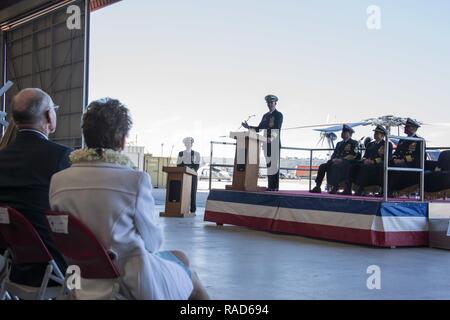 SAN DIEGO ( January 27, 2017)  Capt. David Walt addresses guests for the first time as Commander, Helicopter Maritime Strike Wing Pacific (CHSMWP) during a change of command ceremony held at Helicopter Maritime Strike Squadron (HSM) 41. CHSMWP is responsible for overseeing the operation of five Pacific Fleet HSM Carrier Air Wing Squadrons, four Pacific Fleet HSM Operational Expeditionary Squadrons, one Fleet Replacement Squadron, a weapons school and an Aviation Support Department. Stock Photo