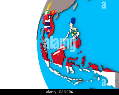 ASEAN memeber states with national flags on blue political 3D globe. 3D illustration. Stock Photo