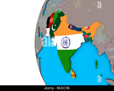 SAARC memeber states with national flags on blue political 3D globe. 3D illustration. Stock Photo